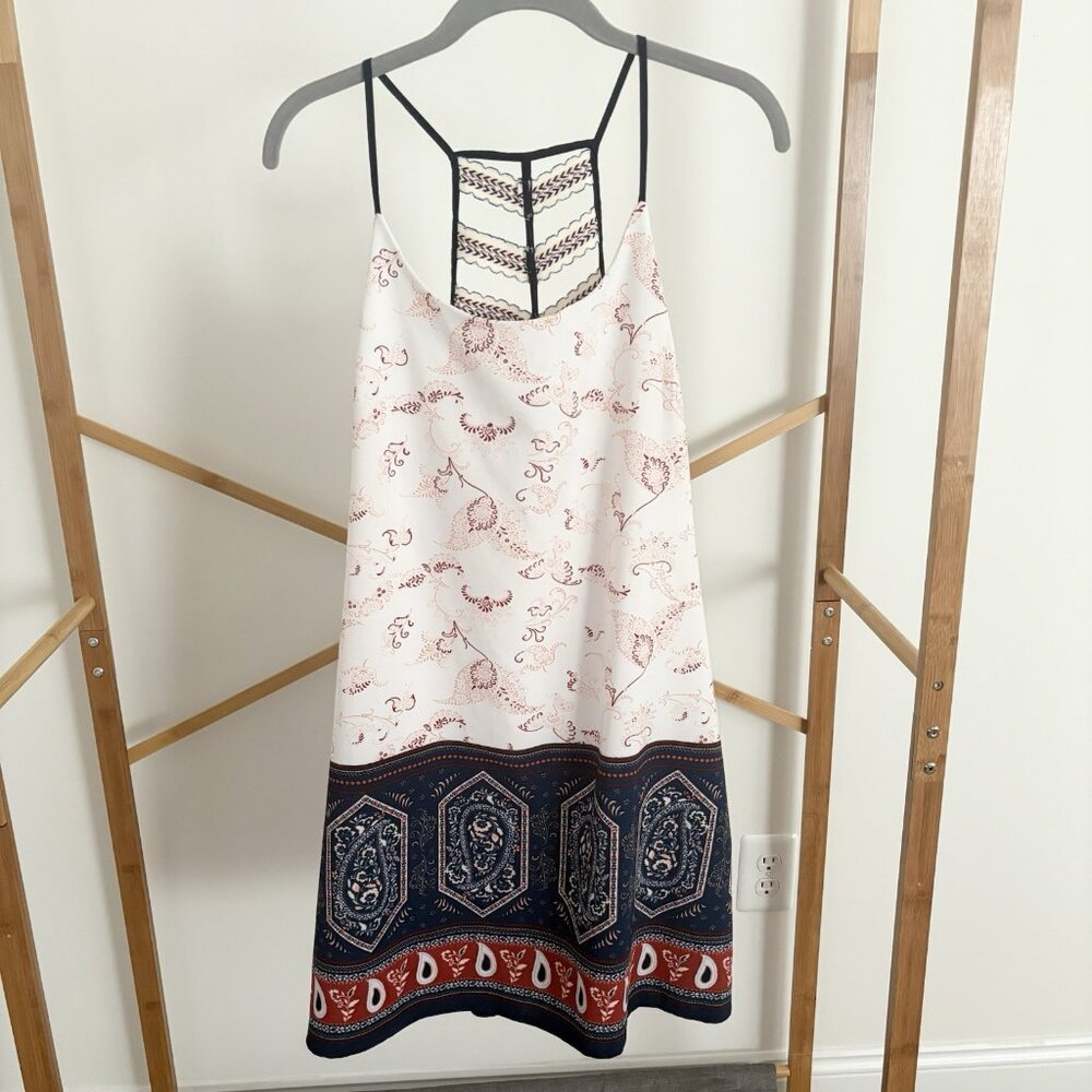 Trixxi Sleeveless Shift Mini Dress (Size L) Boho Paisley Spaghetti Strap Lined